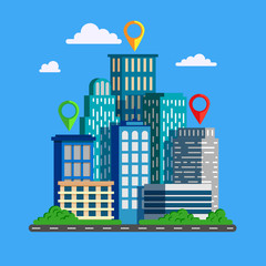 Obraz premium Vector illustration with skyscrapers in flat design. Big green modern city with road and high buildings.Can used for web banner, info graphic and brochure.