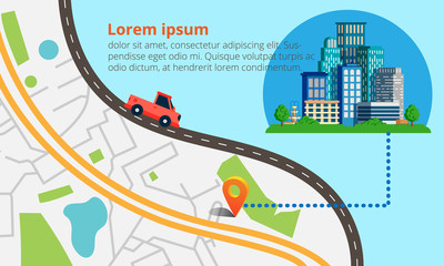 Colorful background with landscape, road and city map. Top view city map with car and orange pin, sky scarpers.Vector illustration for web banners, info graphic and  brochure.