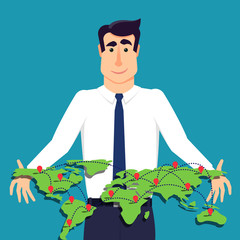 Handsome young businessman standing in suit and holding world map in his hands. Vector illustration in modern flat style, for web banners and info graphics.