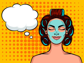 Young beautiful girl European type with curlers on her head and mask on her face. Relaxing girl face with speech bubble over halftone background effect
