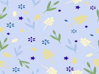 Blue background with flowers and leaves and stars. Vector illustration.