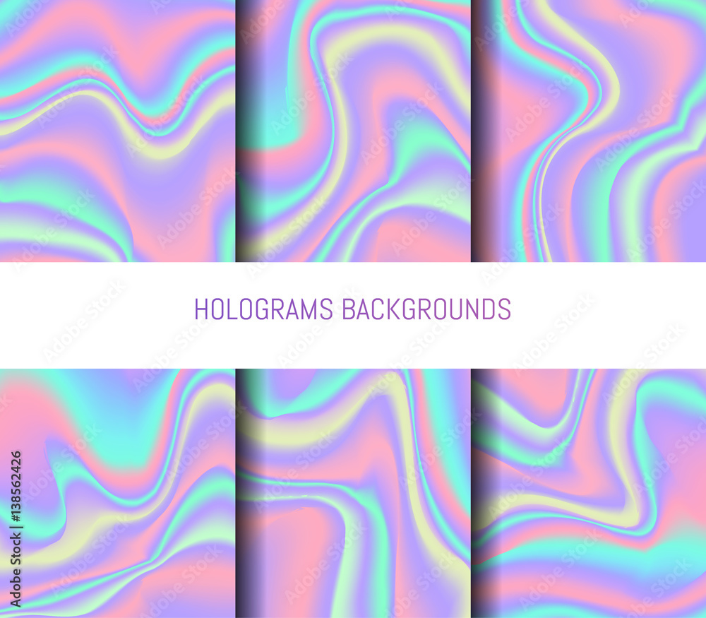 Poster set of 6 realistic holographic backgrounds in different colors for design. hologram to create trendy