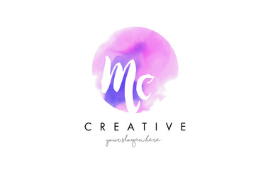 MC Watercolor Letter Logo Design with Purple Brush Stroke.