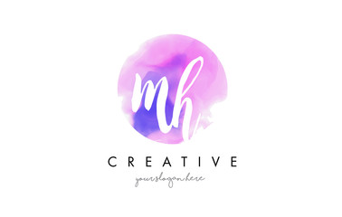 MH Watercolor Letter Logo Design with Purple Brush Stroke.