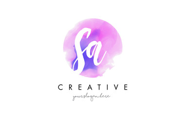 SA Watercolor Letter Logo Design with Purple Brush Stroke.