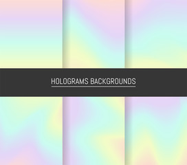 Fototapeta premium Set of 6 realistic holographic backgrounds in different colors for design. Hologram to create trendy modern design. Backgrounds for design cards, filling silhouettes, pattern design to printing.