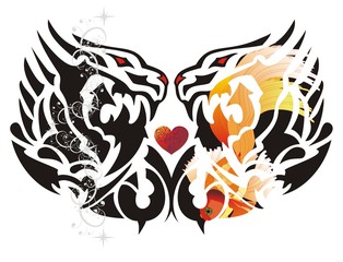  Double dragon symbol with red heart. Dragons with a pattern, with an open jaw and bloody eyes, were created in the form of heart
