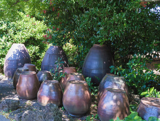 Traditional jars used for storing kimchi in folk museum Jeju