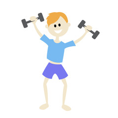Fototapeta premium Boy playing sports, with dumbbells. In blue shorts and a blue shirt. Morning workout.