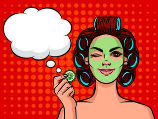 Young beautiful woman European type with curlers on her head and mask on her face.  Girl face with speech bubble over halftone background effect