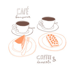 Coffee and cakes doodle set. Cups of coffee and cakes on the plates. Hand drawn vector line art for cafe design