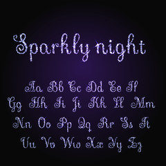 Vector shining luxury beautiful calligraphic purple alphabet font set of glittering sparkles. Vector illustration. EPS 10