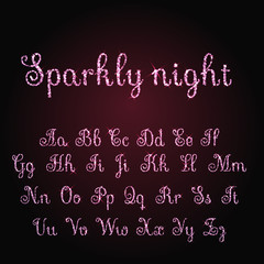 Vector shining luxury beautiful calligraphic pink, red and purple alphabet font set of glittering sparkles. Sparkle, glitter, rhinestone alphabet letters. Glitter font. Vector illustration. EPS 10