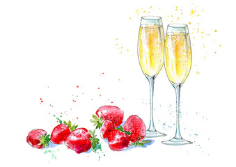 Strawberries and champagne. Picture of a alcoholic drink and berries. Watercolor hand drawn illustration.