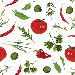 Various herbs and spices on a white background. Seamless pattern.