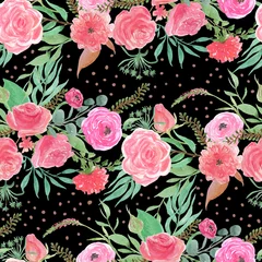 Zelfklevend Fotobehang Watercolor painting seamless pattern with beautiful vintage flowers:peonies, rose, tulips.Fresh spring background © ramiia