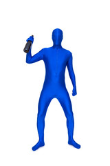 Mysterious blue man in morphsuit with bottle