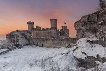 Sunset and medieval castle in Ogrodzieniec,  Poland