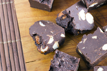 Homemade nut fudge on wood board