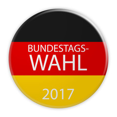 German Politics Election Concept: Bundestag Election 2017 Button In German Language With Germany Flag, 3d illustration on white background