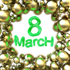 8 March symbol eight made of green fur flying in the space and round by golden frame. Can be used as a decorative greeting grungy or postcard for international Woman's Day. 3d illustration