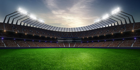 stadium in sunset. with people fans. 3d render illustration blue sky - obrazy, fototapety, plakaty