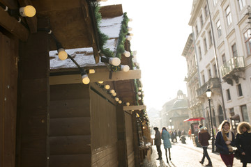 Lviv, Ukraine - January 1, 2017: Crowd of tourists on a New Year's Fair in the center square of Lviv on January 1, 2017 in Lvov, Ukraine
