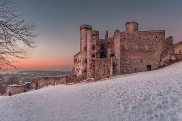 Sunset and medieval castle in Ogrodzieniec