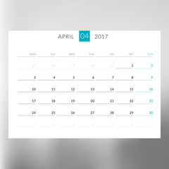 Calendar Template for April 2017. Week Starts Monday. Design Print Template. Vector Illustration Isolated