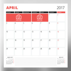 Calendar Template for April 2017. Week Starts Monday. Design Print Template. Vector Illustration Isolated