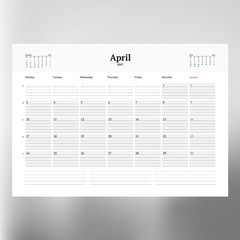 Calendar Template for April 2017. Week Starts Monday. Design Print Template. Vector Illustration Isolated