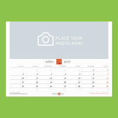 Calendar Template for April 2017. Week Starts Monday. Design Print Template. Vector Illustration Isolated