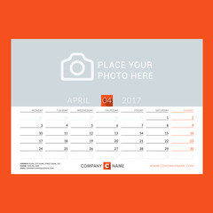 Calendar Template for April 2017. Week Starts Monday. Design Print Template. Vector Illustration Isolated