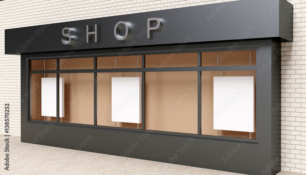 Wall mural blank mock up of store street showcase window in a city. 3d rendering