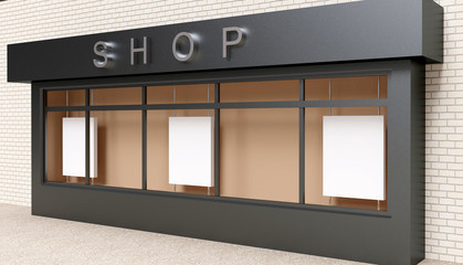 Blank mock up of store street showcase window in a city. 3D rendering
