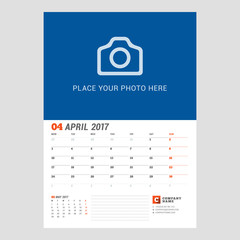 Calendar Template for April 2017. Week Starts Monday. Design Print Template. Vector Illustration Isolated