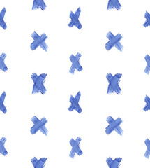 Seamless pattern with simple blue crosses painted in watercolor on white isolated background