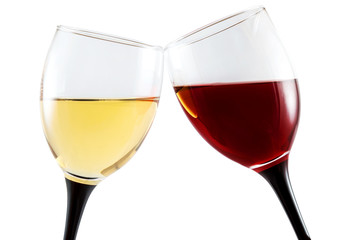 glass of white wine and glass of red wine isolated on white.
