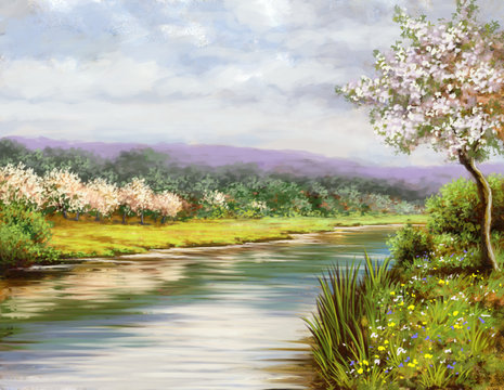 Spring, landscape paintings, river, art