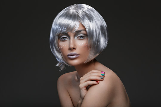 Beautiful girl in silver wig