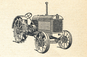 Retro sepia vintage engraved illustration drawing of the small tractor machine. 