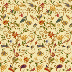 Abstract vintage pattern with decorative flowers, leaves and Paisley pattern in Oriental style.