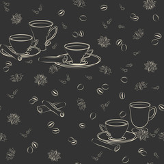 Seamless pattern with cups, cinnamon, coffee beans, anise and cloves.