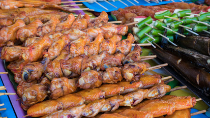 Street food stalls selling seafood, grilled chicken, BBQ, there are many in the country, Phuket Thailand..