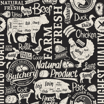 Retro styled typographic vector butchery seamless pattern or background