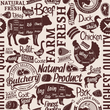 Typographic vector butchery seamless pattern or background