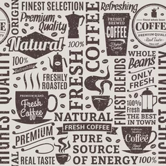 Behang Koffie Retro stijl typografische vector coffeeshop naadloze patroon of achtergrond