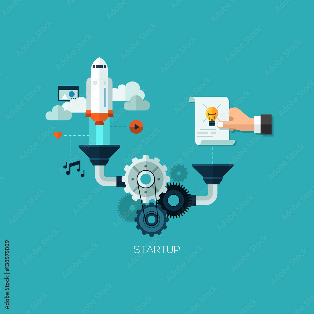 Poster startup launching process flat web infographic technology online service application internet busine