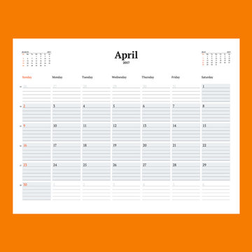 Calendar Template for April 2017. Week Starts Sunday. Design Print Template. Vector Illustration Isolated