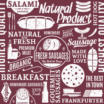 Retro styled typographic vector sausages seamless pattern or background